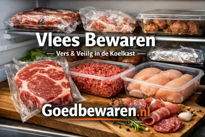 Rundvlees, gehakt, kipfilet en worst in bewaarbakjes met de tekst ‘Vlees bewaren’