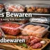 Rundvlees, gehakt, kipfilet en worst in bewaarbakjes met de tekst ‘Vlees bewaren’