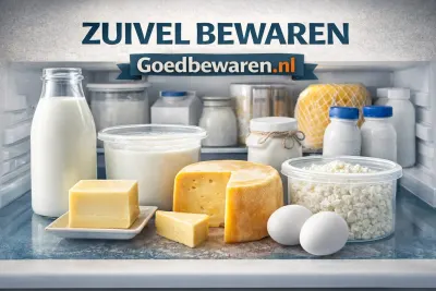 Melk, kaas, yoghurt, boter en eieren in de koelkast met de tekst ‘Zuivel bewaren’