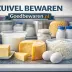 Melk, kaas, yoghurt, boter en eieren in de koelkast met de tekst ‘Zuivel bewaren’