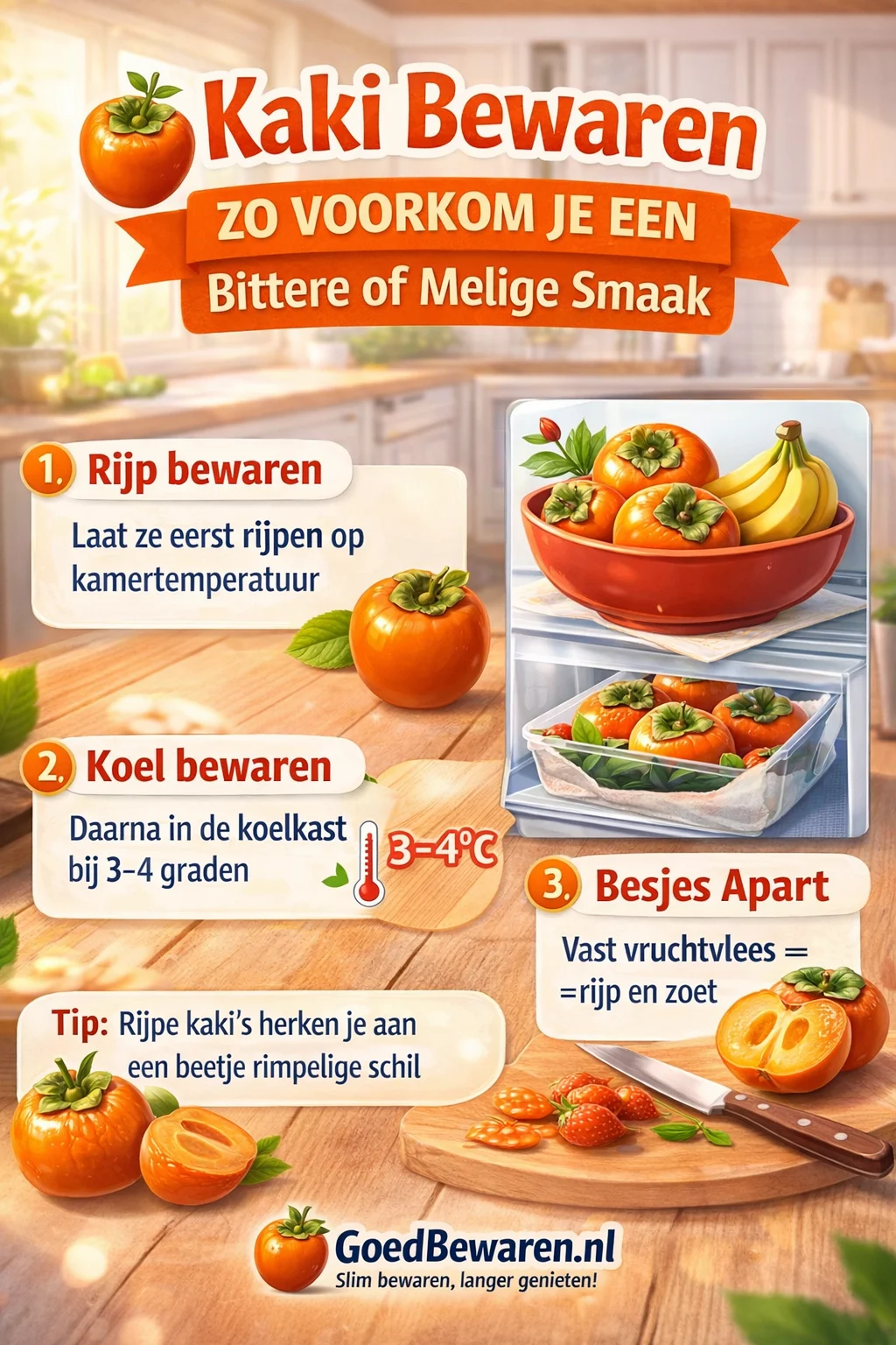 Infographic kaki bewaren zonder bittere smaak