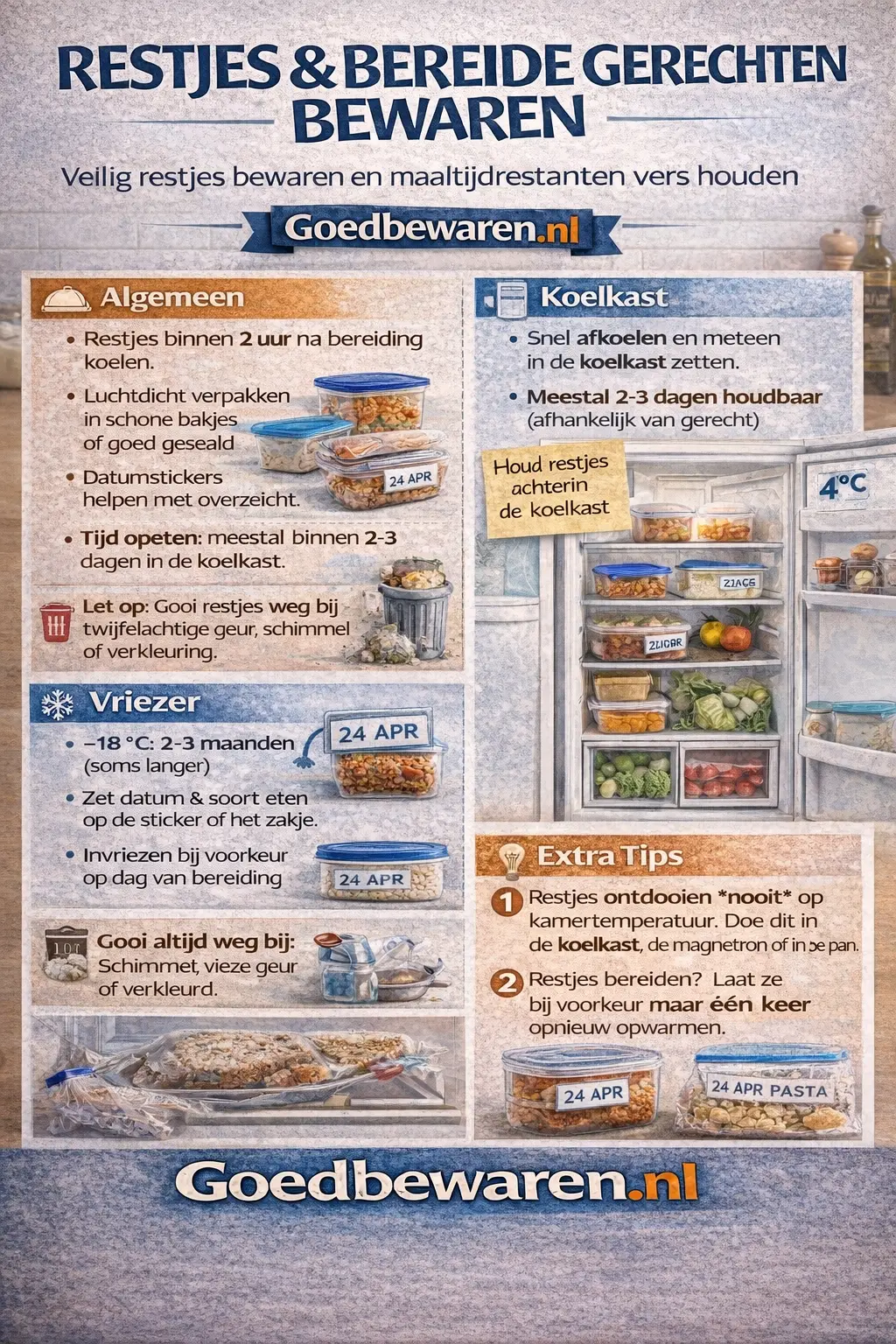 Infographic met stappenplan voor veilig bewaren van restjes
